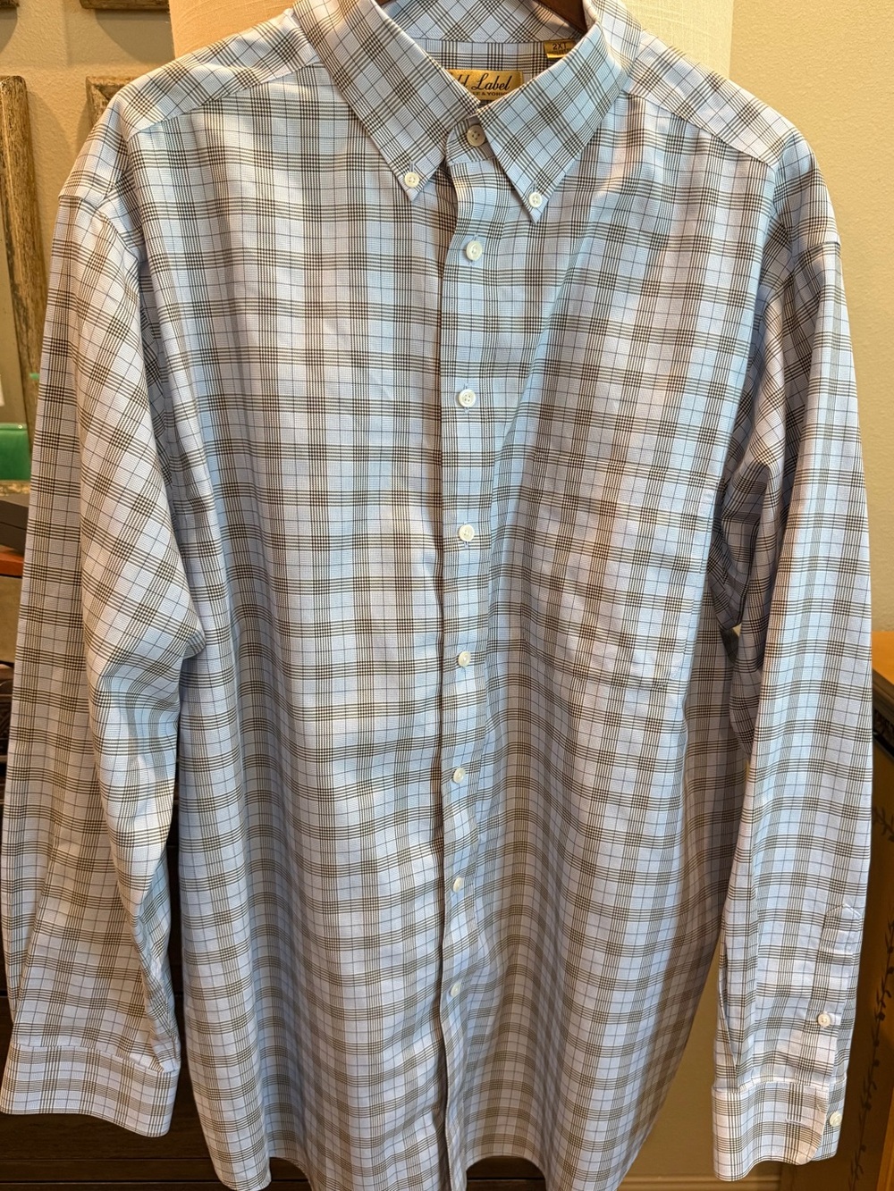Men's Taupe and White Plaid Button-Down Shirt